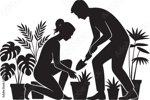 silhouette of couple gardening together, featuring a man and woman planting and tending plants