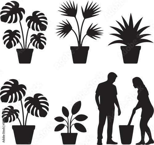silhouette of couple gardening together, featuring a man and woman planting and tending plants