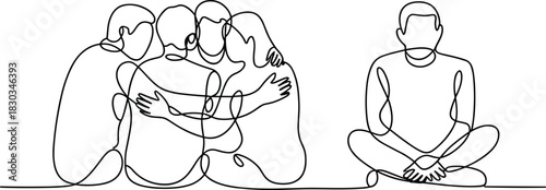 Group Hug and Solitary Figure One Line Drawing minimalism