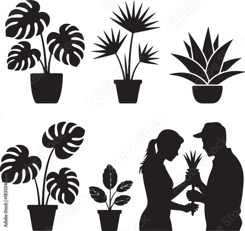silhouette of couple gardening together, featuring a man and woman planting and tending plants