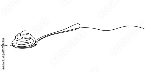 Continuous one line drawing caramel liquid poured into a spoon. Want to taste the extraordinary pleasure in the mouth. Sweetness. National Caramel Day. Single line draw design vector illustration