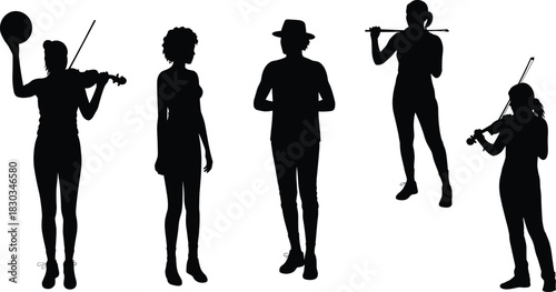 Silhouettes of musicians playing violin and flute alongside standing figures, representing artistic performance, musical expression, creative characters, and diverse human poses for vector design