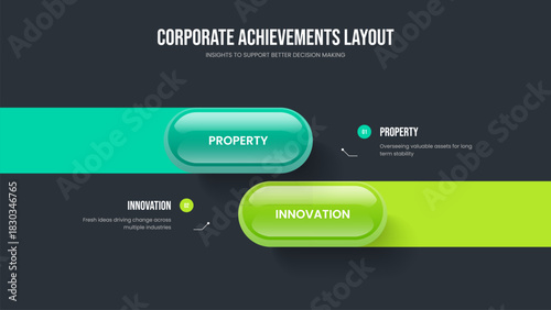 Advertising Development Slideshow Design Vector Illustration. Investor Solution Two Step Infographic Presentation Template. Marketing Innovation 2 Option Diagram Frame Layout.