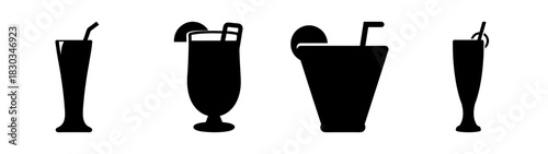 Collection of refreshing drink icons featuring various beverage silhouettes with straws and garnishes. set includes cocktail, smoothie, juice, and soda glass designs for menus.