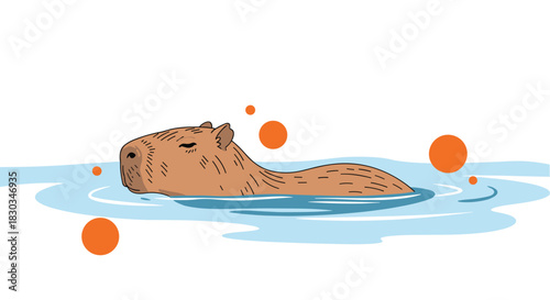 Relaxed capybara floating peacefully in light blue water with orange bubbles.