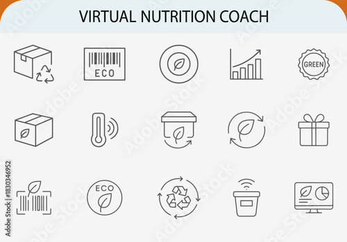 Eco-friendly supply chain outline icon set, green certification vector symbol