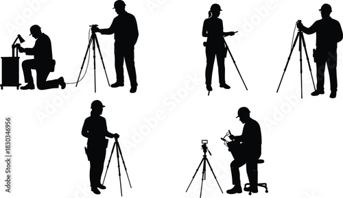 Silhouettes of surveyors and technicians using tripods, measuring equipment, and digital tools, illustrating construction surveying, field inspection, technical work