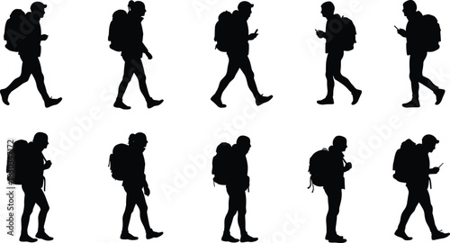Silhouettes of travelers walking with backpacks, hiking adventure people using smartphone, trekking and outdoor exploration concept design for travel and tourism illustration