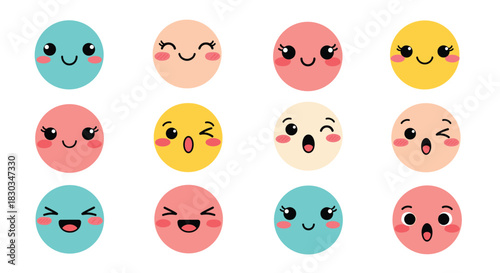 A collection of colorful and cute cartoon faces with various happy expressions, perfect for conveying emotions in a cheerful way.