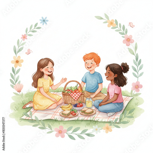 Three friends enjoy a cheerful picnic together, sharing snacks and laughing on a sunny day outdoors.