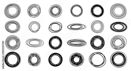 A collection of hand-drawn abstract scribbled circles and ellipses in various styles on a white background.