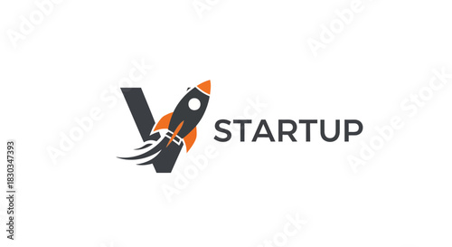 Logo with a rocket taking off from the letter V, next to the word STARTUP.