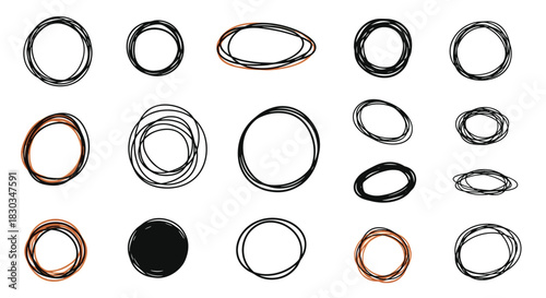 Abstract set of hand-drawn scribble circles and oval frames with rough textures in black and brown on a white background.