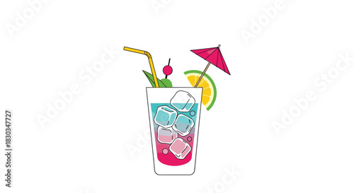 A vibrant, refreshing layered cocktail in a tall glass, garnished with ice, a straw, cherry, lime, and a festive umbrella, perfect for summer.