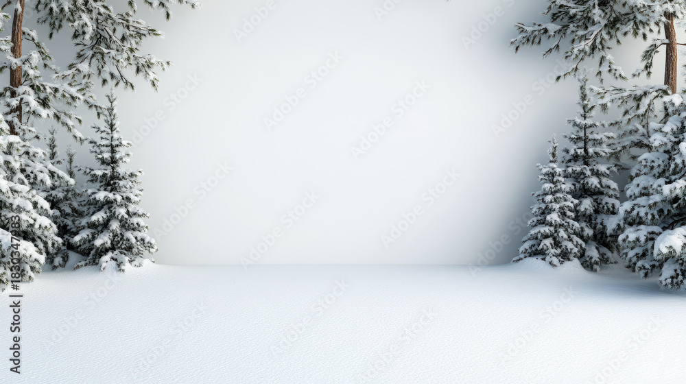 Fototapeta premium Snowy pine tree landscape winter scene peaceful minimal backdrop