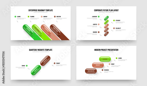 Enterprise Launch Four Five Two Three Element Infographic Slide Layout Vector Illustration Bundle. Product Report 4 5 2 3 Option Diagram Slideshow Template Set.