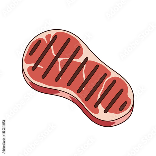 Illustration of a grilled steak with grill marks and visible marbling, isolated on white.