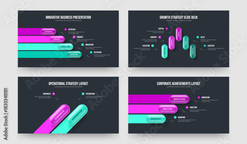 Advertising Strategy Four Five Two Three Option Diagram Slideshow Layout Vector Illustration Collection. Creative Analysis 4 5 2 3 Element Infographic Slide Design Set.