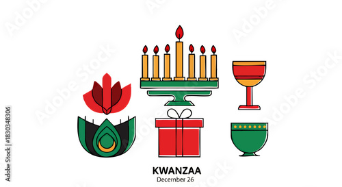 Kwanzaa illustration featuring kinara with lit candles, mkeka, kikombe cha umoja, zawadi, and mazao on a white background.