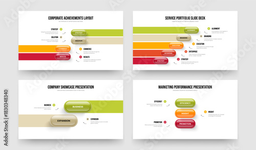 Advertising Introduction 4 5 2 3 Element Diagram Slide Template Set. Product Campaign Four Five Two Three Step Infographic Frame Design Vector Illustration Bundle.