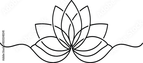 An elegant, stylized line art representation of a lotus flower with layered petals and flowing wavy lines at the base, symbolizing peace and spirituality