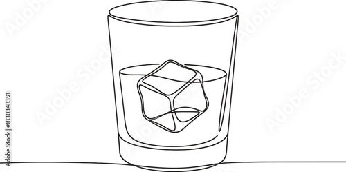 A continuous line drawing of a glass with a single ice cube in liquid