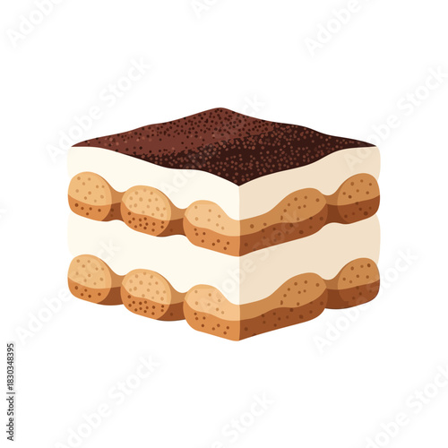 Illustration of a tiramisu dessert with layers of ladyfingers, cream, and cocoa powder.