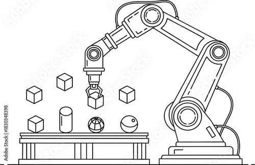 Industrial robotic arm with gripper picking up a cube from a conveyor belt with various geometric shapes