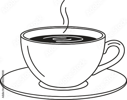 A line art illustration of a steaming cup of coffee or tea on a saucer, a