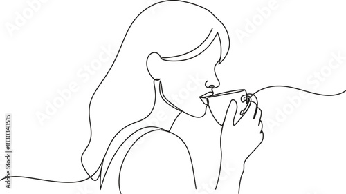 Minimalist continuous line drawing of a woman enjoying a cup of coffee, a, capturing a moment of relaxation and quiet contemplation