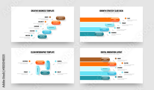 Advertising Briefing 5 4 Element Diagram Slideshow Layout Set. Project Innovation Five Four Option Infographic Slide Template Vector Illustration Collection.