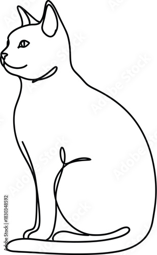 A minimalist line art illustration of a cat sitting elegantly, captured in a single continuous stroke, showcasing its sleek profile and attentive gaze, perfect for modern design and petthemed projects