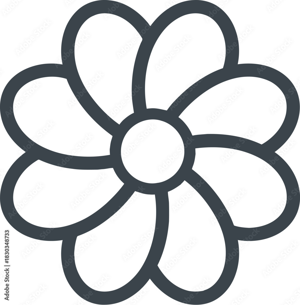 Naklejka premium Stylized outline of a simple flower with eight petals and a central circle, a, representing nature, beauty, and simplicity in a clean graphic design