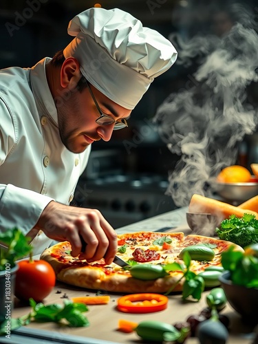 Master chef expertly crafting a gourmet pizza with fresh ingredients,  artisanal,  food