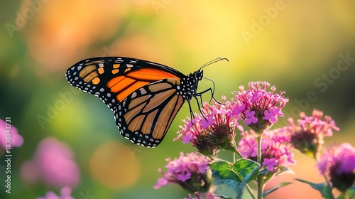 A beautiful monarch butterfly with orange and black wings feeds on a purple flower in the summer garden, captured in a macro close-up of nature's beauty