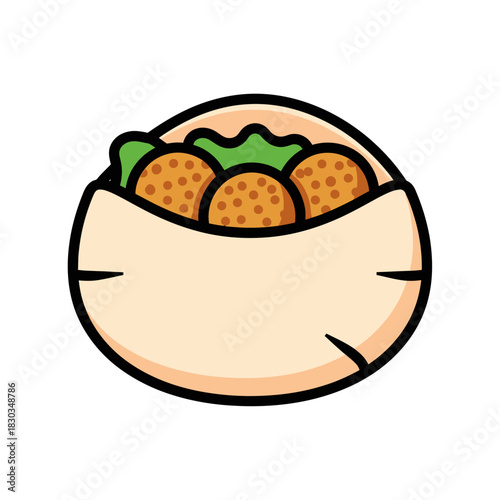Illustration of a pita bread sandwich filled with falafel balls and lettuce.