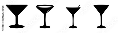 A collection of stylized black silhouette martini glasses showcasing various designs, including empty, filled, and garnished cocktails, perfect for minimalist bar, party, and celebration themes.