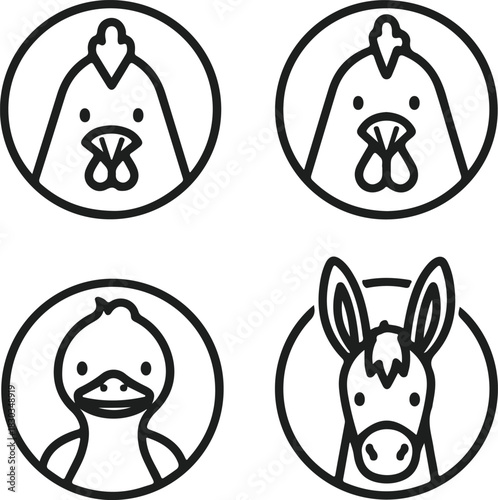 Minimalist farm animal head icon set chicken hen duck donkey line art