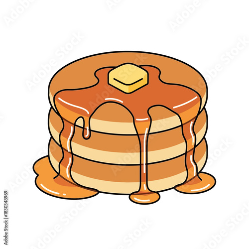 Illustration of a stack of three golden pancakes with melting butter and dripping maple syrup.