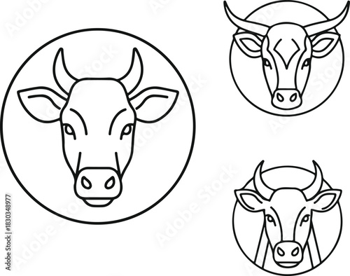 Minimalist line art icons of bovine animal heads in circular frames vector