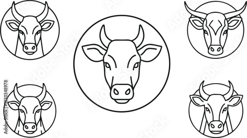 Line art cow and bull head icons for farming agriculture and livestock brands
