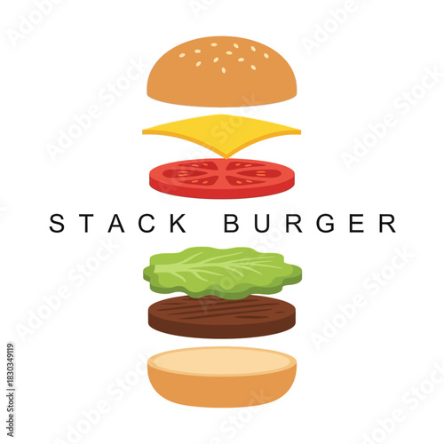 Exploded view of a burger with ingredients separated, labeled as "STACK BURGER".