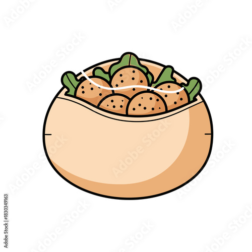 Illustration of a pita bread filled with falafel balls and green leaves.
