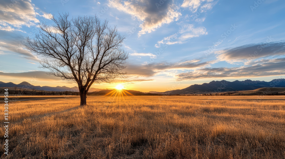 Fototapeta premium Lonely tree sunrise over golden field with peaceful sky and warm light