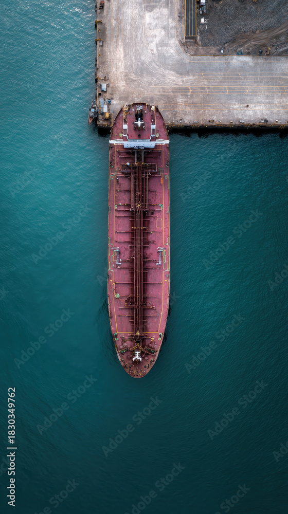Fototapeta premium Aerial, tanker, oil, harbor, dock, industrial calm scene over turquoise water