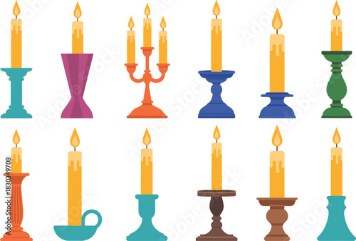 Assortment Of Colorful Candlesticks With Lit Candles light flame