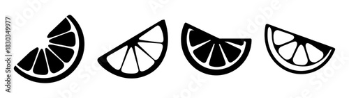 Stylized monochrome citrus fruit slices set on a clean background, offering a versatile collection of graphic vector icons for healthy eating, drink menus, and fresh ingredient concepts