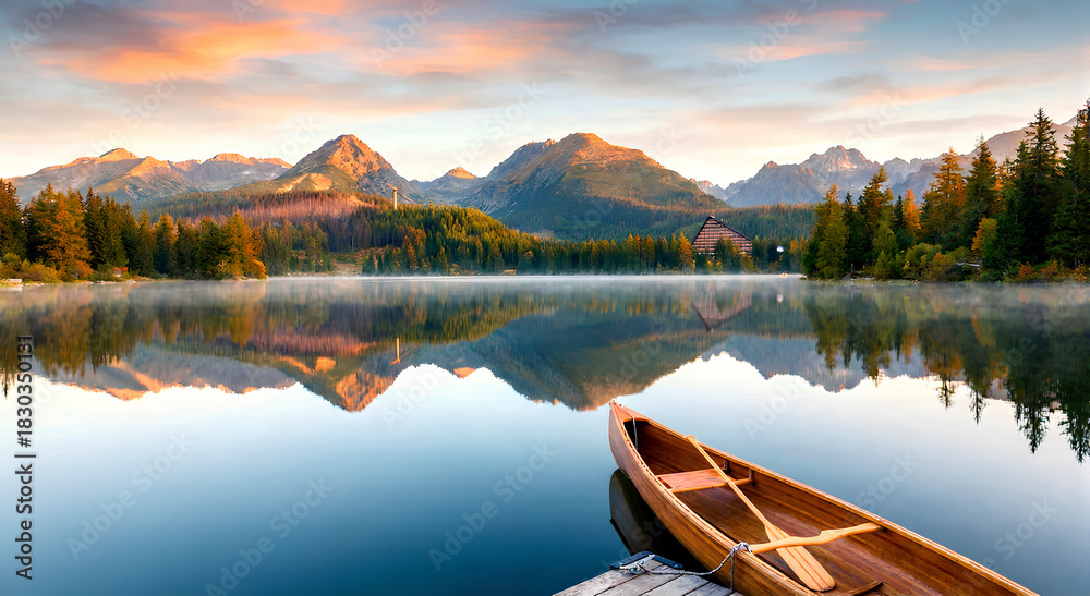 Obraz premium A serene mountain lake at sunrise featuring a wooden boat tied to a dock. Majestic mountains and dense pine forests reflect perfectly on the calm water, creating a peaceful and picturesque natural lan