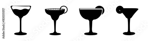 Collection of various elegant black silhouette cocktail glasses including martini, margarita, and coupe styles, perfect for bars, parties, restaurants, and menu design on a clean white background.