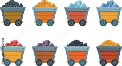 Collection Of Mining Carts Filled With Various Ores And Gems wagon trolley